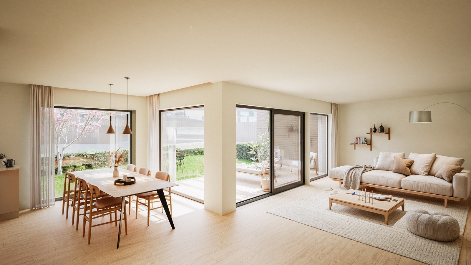 I Bolig B har en stue og kjøkken med utgang til hage. Store vindusflater gjør at hagen blir en forlengelse av rommet og gir rikelig med lysinnslipp. Galleribilde