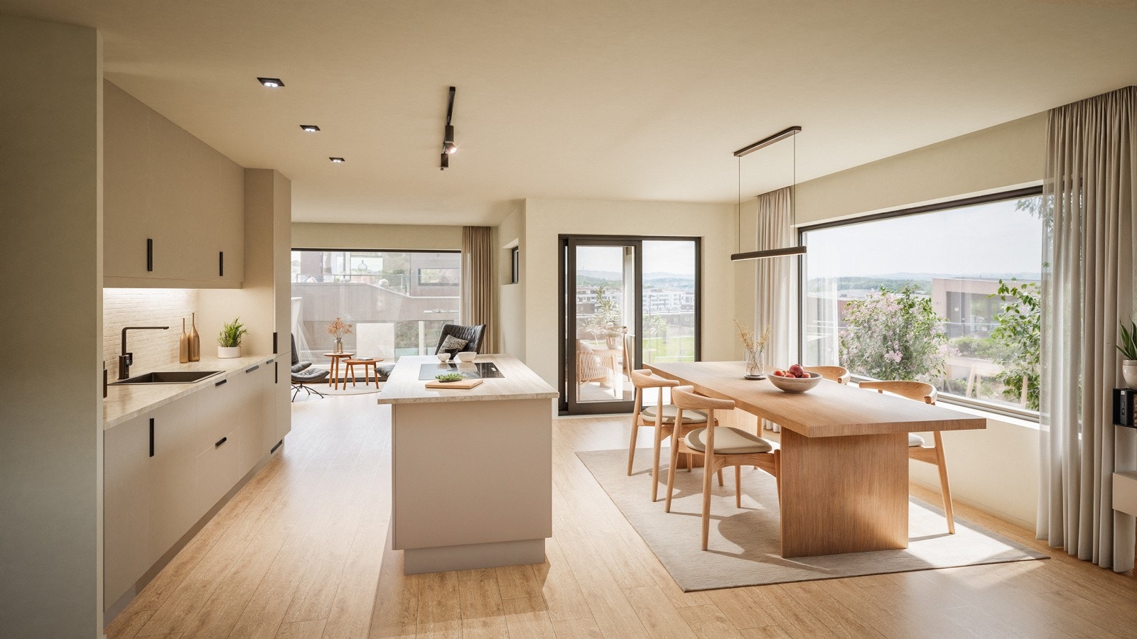 2.etasje i Bolig A byr på en romslig stue/kjøkken løsning med utgang til balkong med nydelig utsikt! Galleribilde