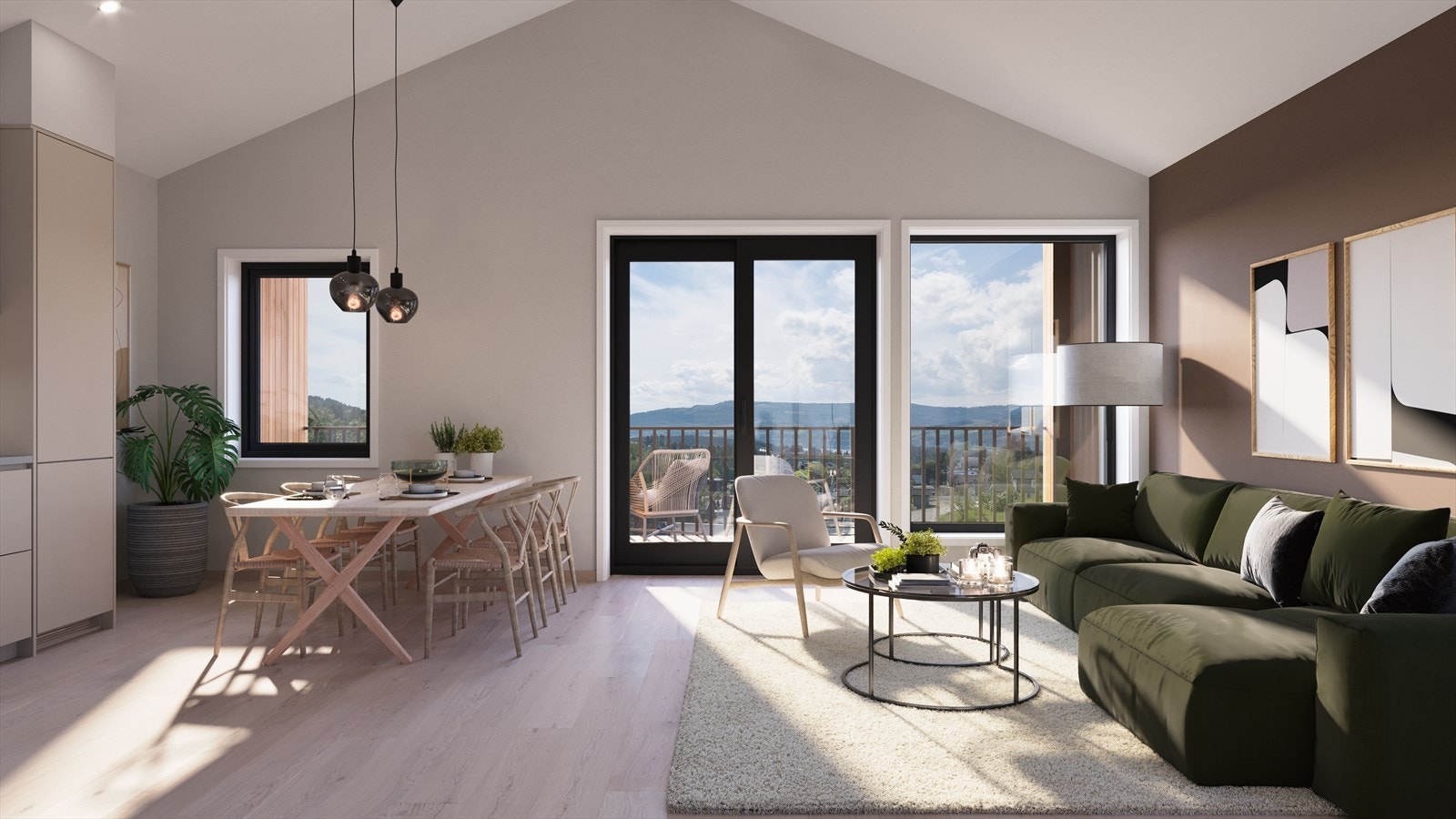 I 2. etasje leveres flere av leilighetene med ekstra god takhøyde, bildet er kun ment som en illustrasjon. Galleribilde