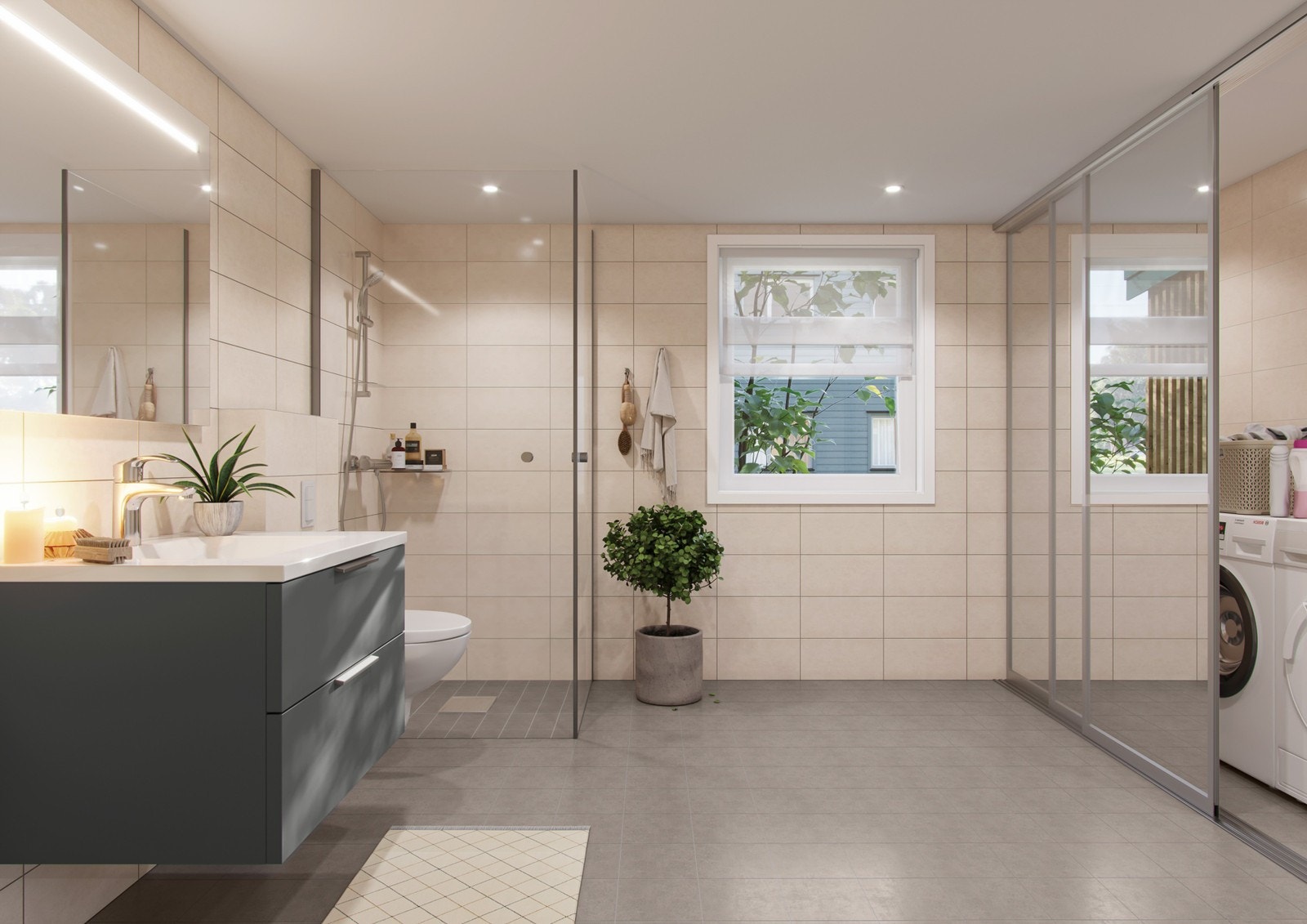 Illustrasjon: Bad i 1 etasje med skyvedører i speil, som skjuler vaskemaskin Galleribilde