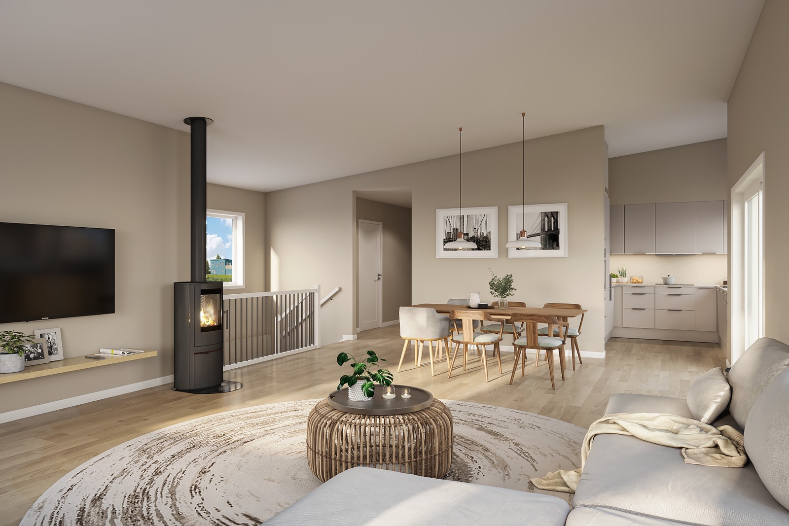 Illustrasjon: delvis åpen stue/ kjøkken løsning Galleribilde