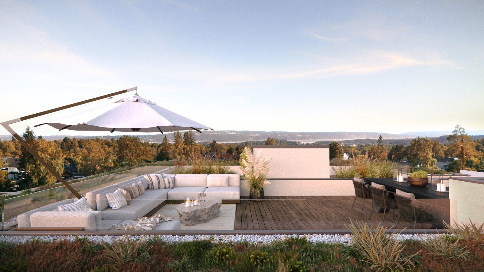 Toppleilighetene har tilgang til svært store og attraktive takterrasser. Illustrasjon - avvik vil foremkomme. Galleribilde