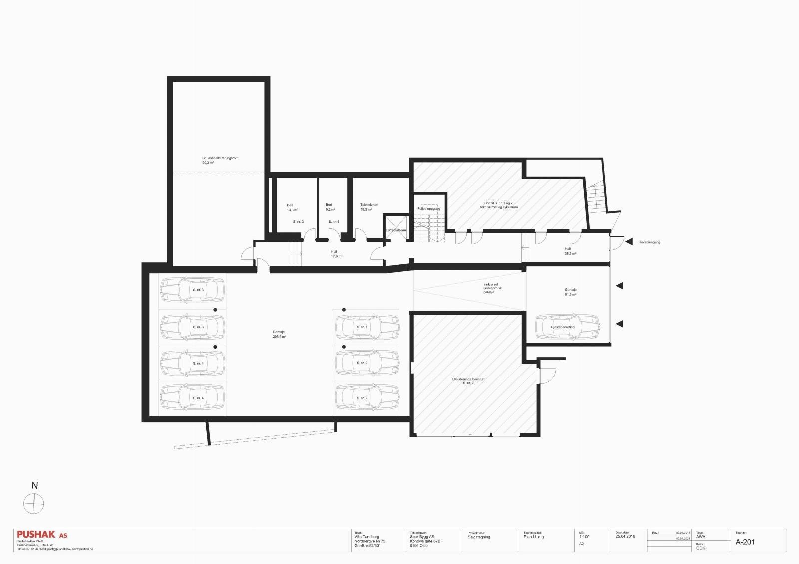 To parkeringsplasser til hver leilighet i u-etg. I tillegg stort bodareal. Oppvarmet garasjeanlegg og lader for el-bil Galleribilde