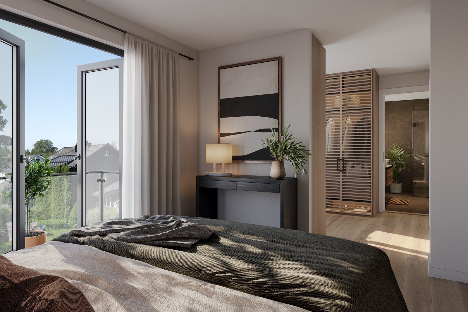 Stor masteravdeling med hovedsoverom, balkong, romslig omkledningsrom og bad.(Illustrasjon er av illustrativ karakter og angir ikke nødvendigvis korrekt gjengivelse av elementer i boligen). Galleribilde