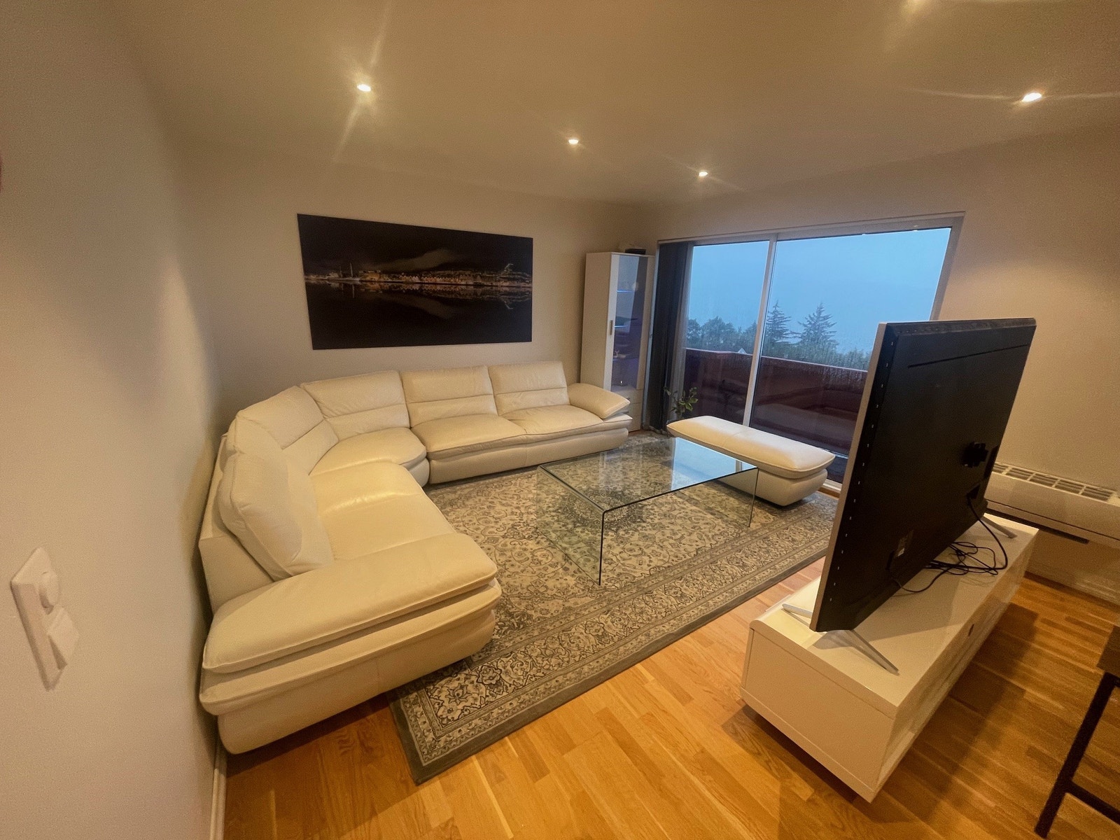 Flott lys stue med skinnsofa Galleribilde