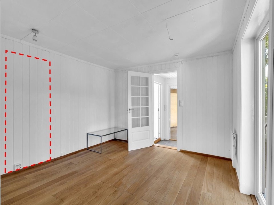 Spisestue (rød linje viser hvor det vil åpnes inn til stuen) Galleribilde
