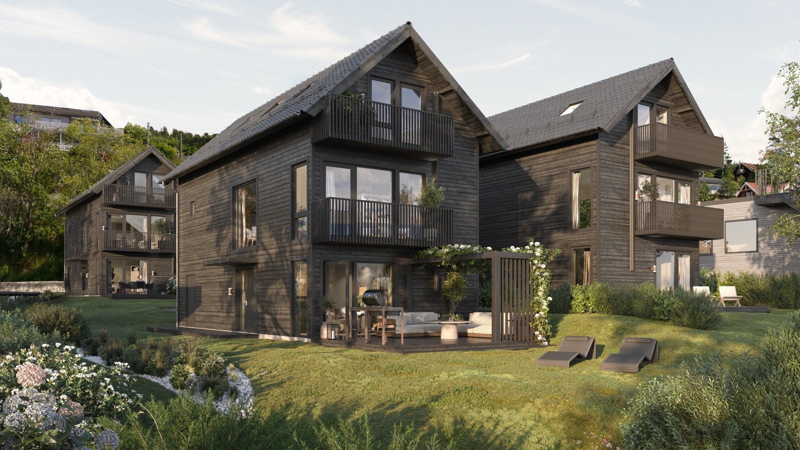 Illustrasjon fasade. Platting og pergola leveres ikke som standard, men kan velges som tilvalg" Galleribilde