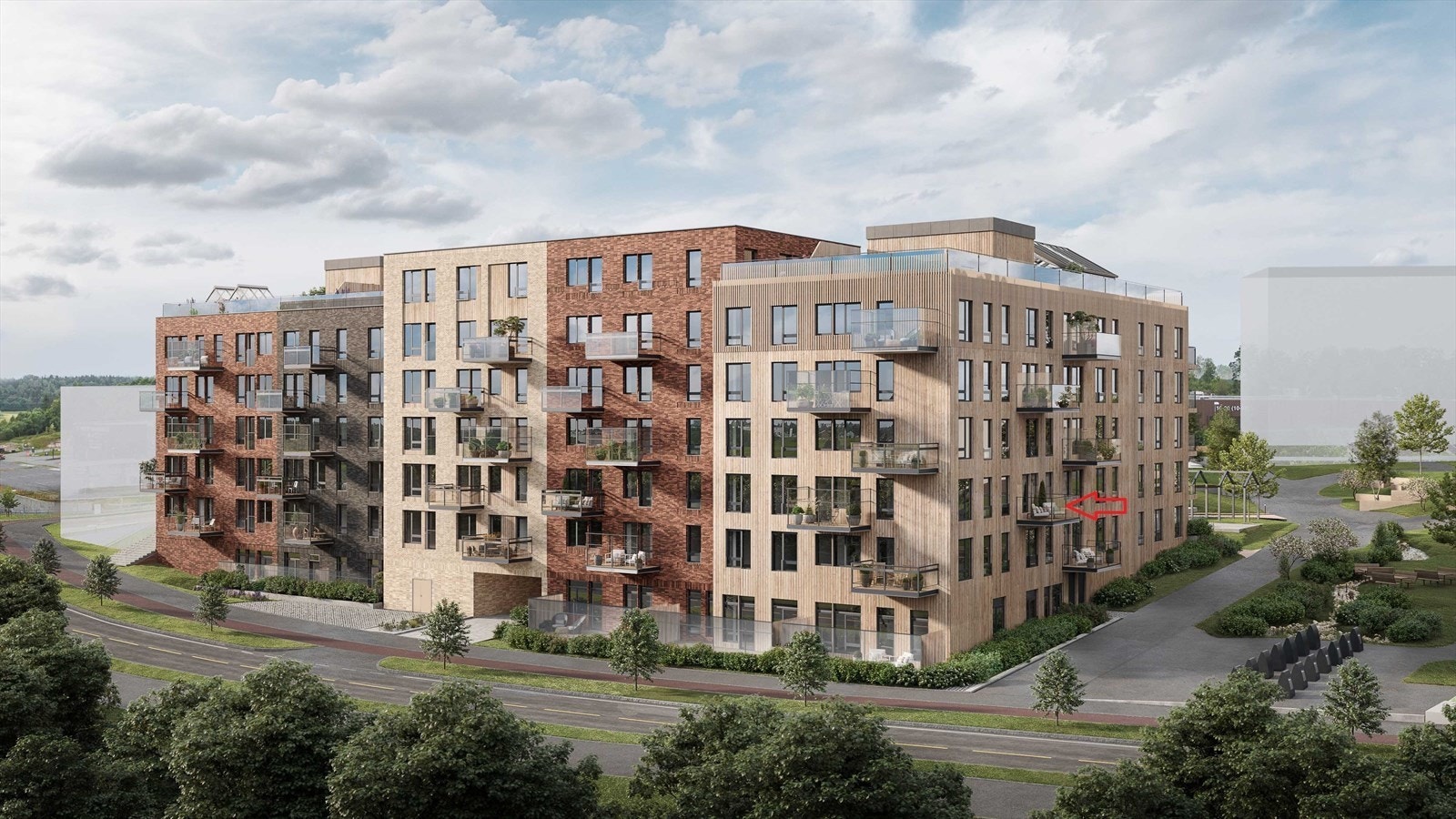 Fasade med markør på leiligheten Galleribilde