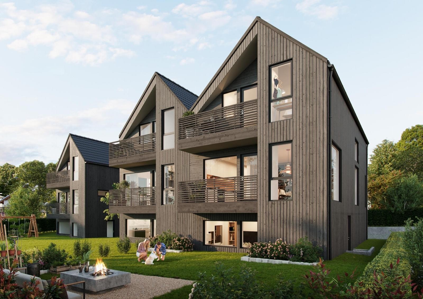 Boligene får solrike uteplasser i tilknytning til hver etasje. Galleribilde