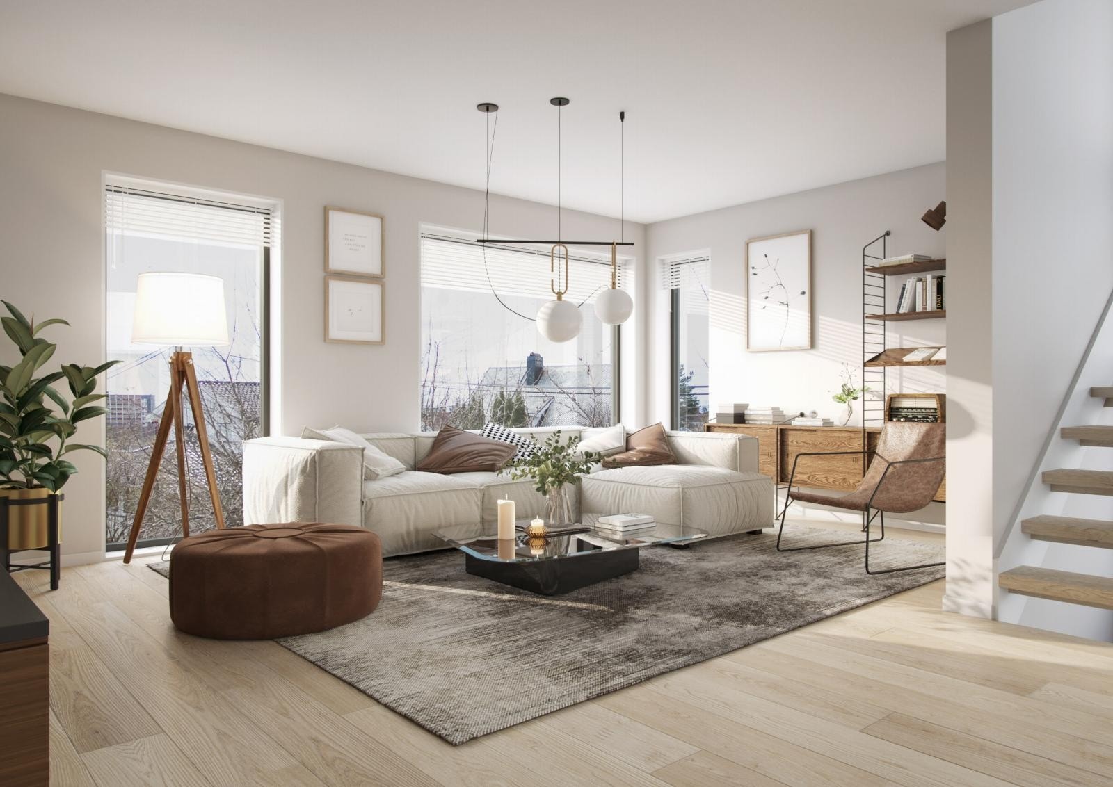 Det leveres en lys, pen enstavs eikeparkett fra Skau AS, og det er muligheter for tilvalg. Galleribilde