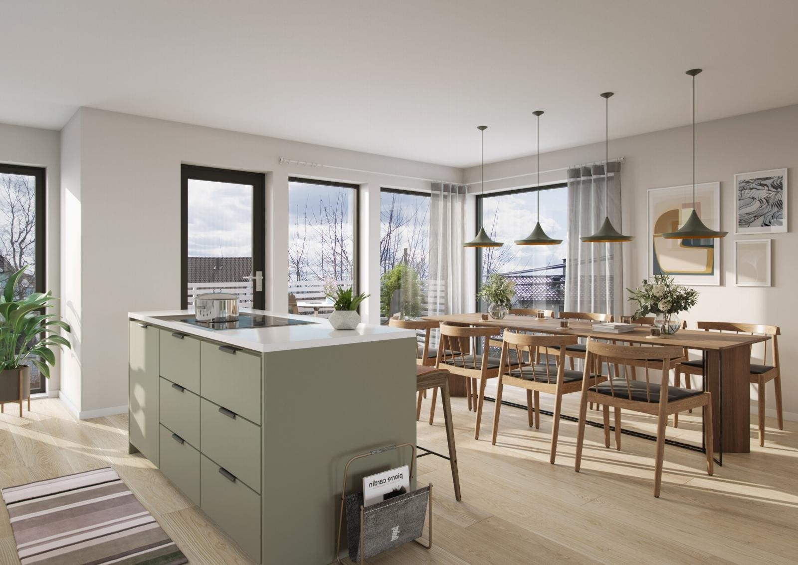 Hver bolig får stue og kjøkken i åpen løsning i andre etasje. Et lyst, luftig rom med store vindusflater på flere sider. Galleribilde