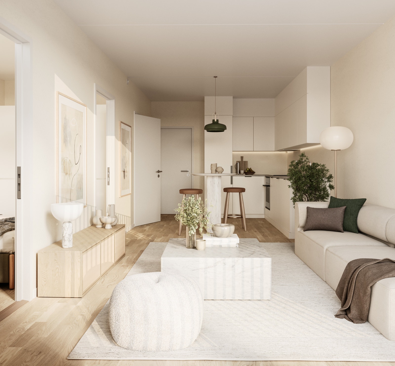 Kjøkkenet leveres av Sigdal med lys utforming som klassisk konsept og har integrerte hvitevarer inkludert. Det er vannbåren gulvvarme i alle oppholdsrom. Galleribilde