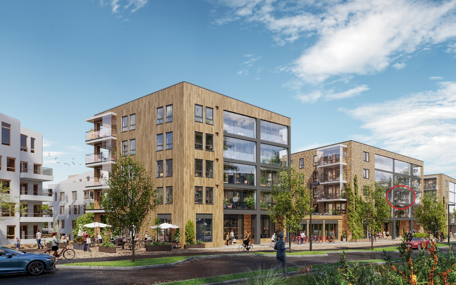 Fasadeillustrasjon - her fra Hus 1 og 2 - denne boligen er markert. Galleribilde