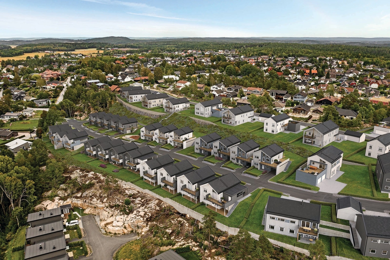 Eneboliger i kjede med flott utsikt. Illustrasjonen kan avvike fra ordinær leveranse. Galleribilde