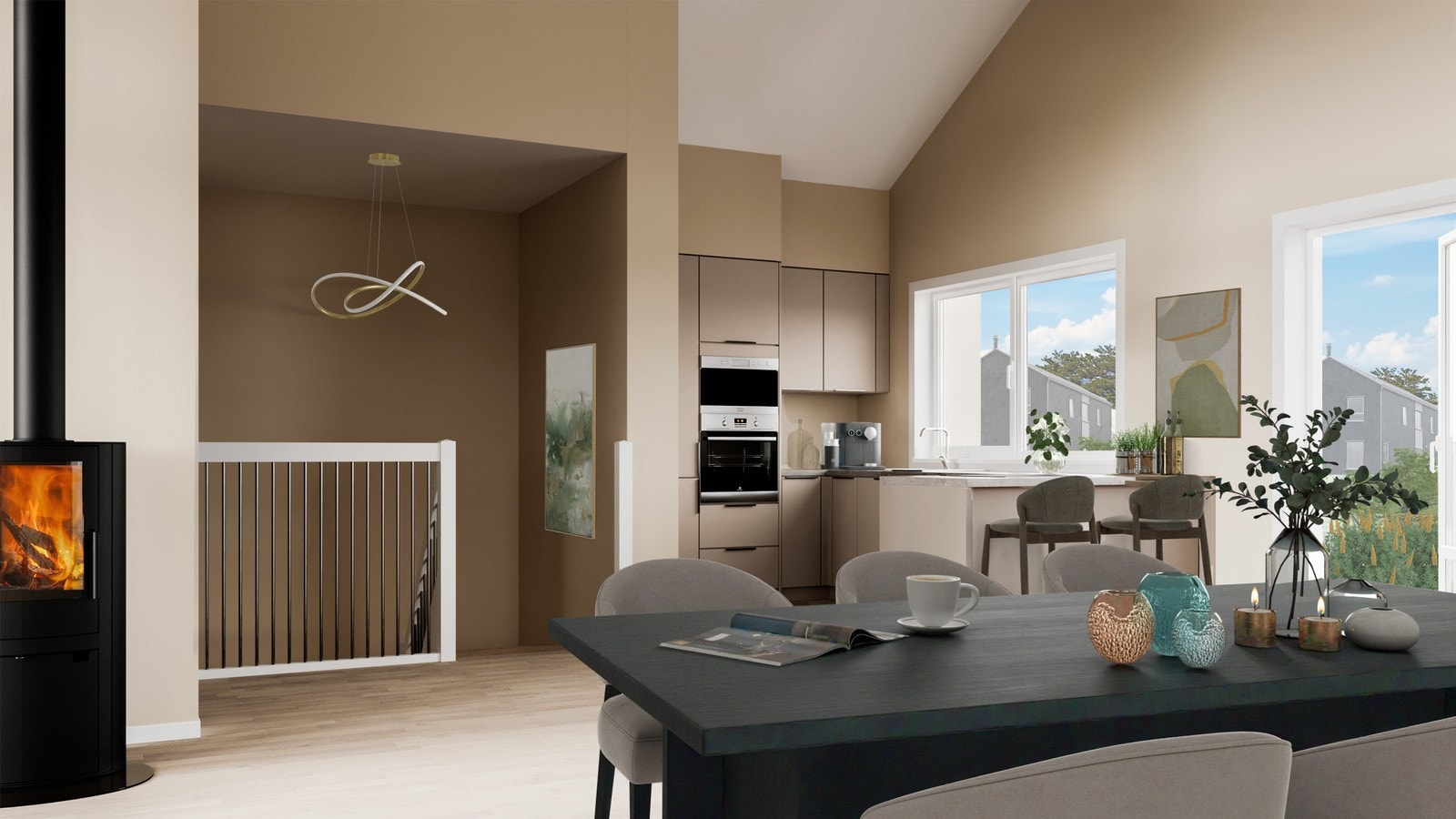 Stue og åpen kjøkkenløsning illustrasjon Galleribilde