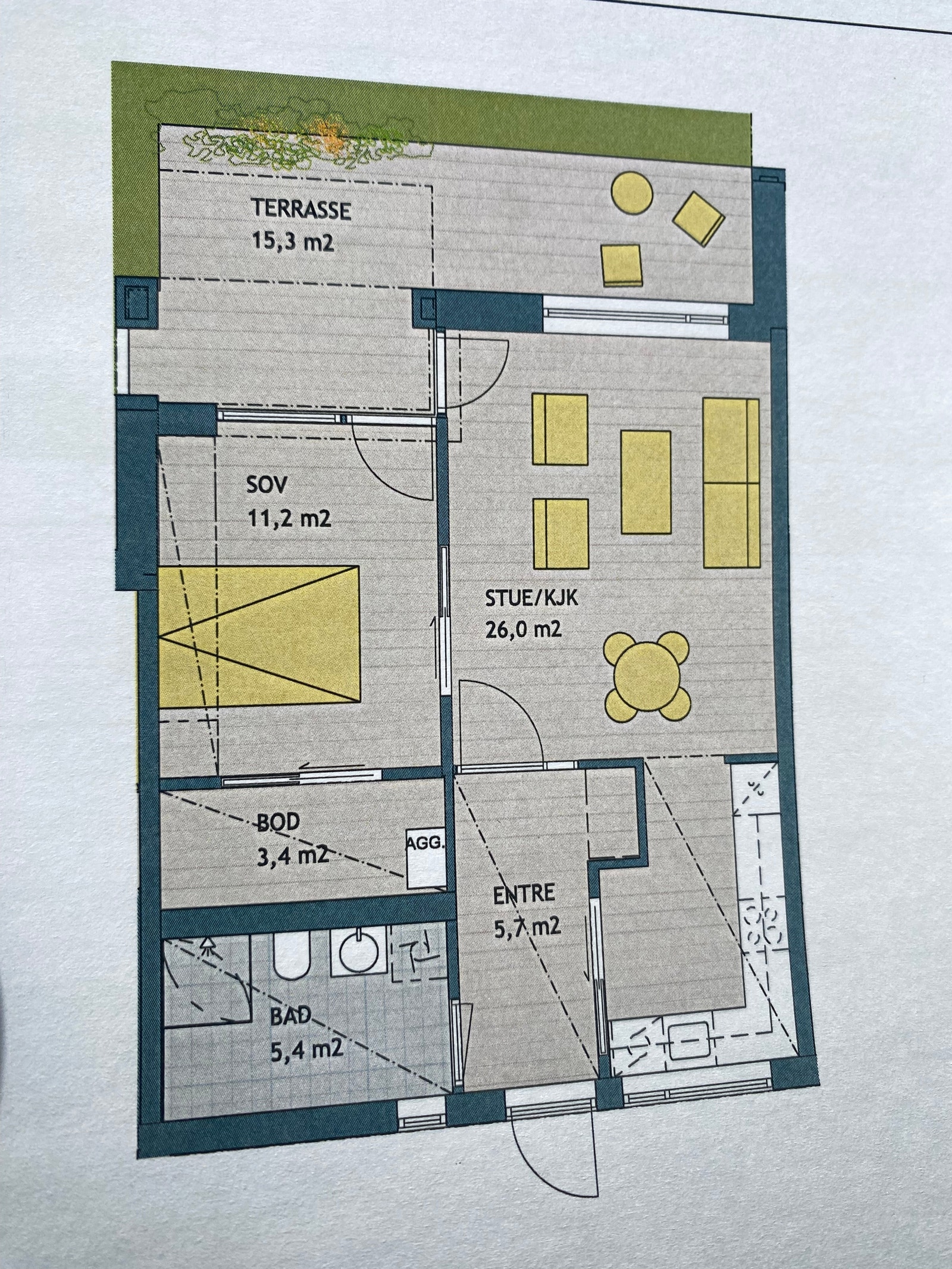 Oversikt over leiligheten med størrelse på de ulike rom Galleribilde