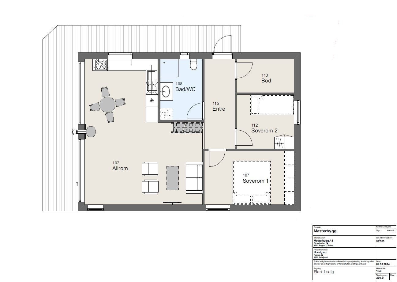 Plantegning hovedetasje, alle fasiliteter på samme plan Galleribilde