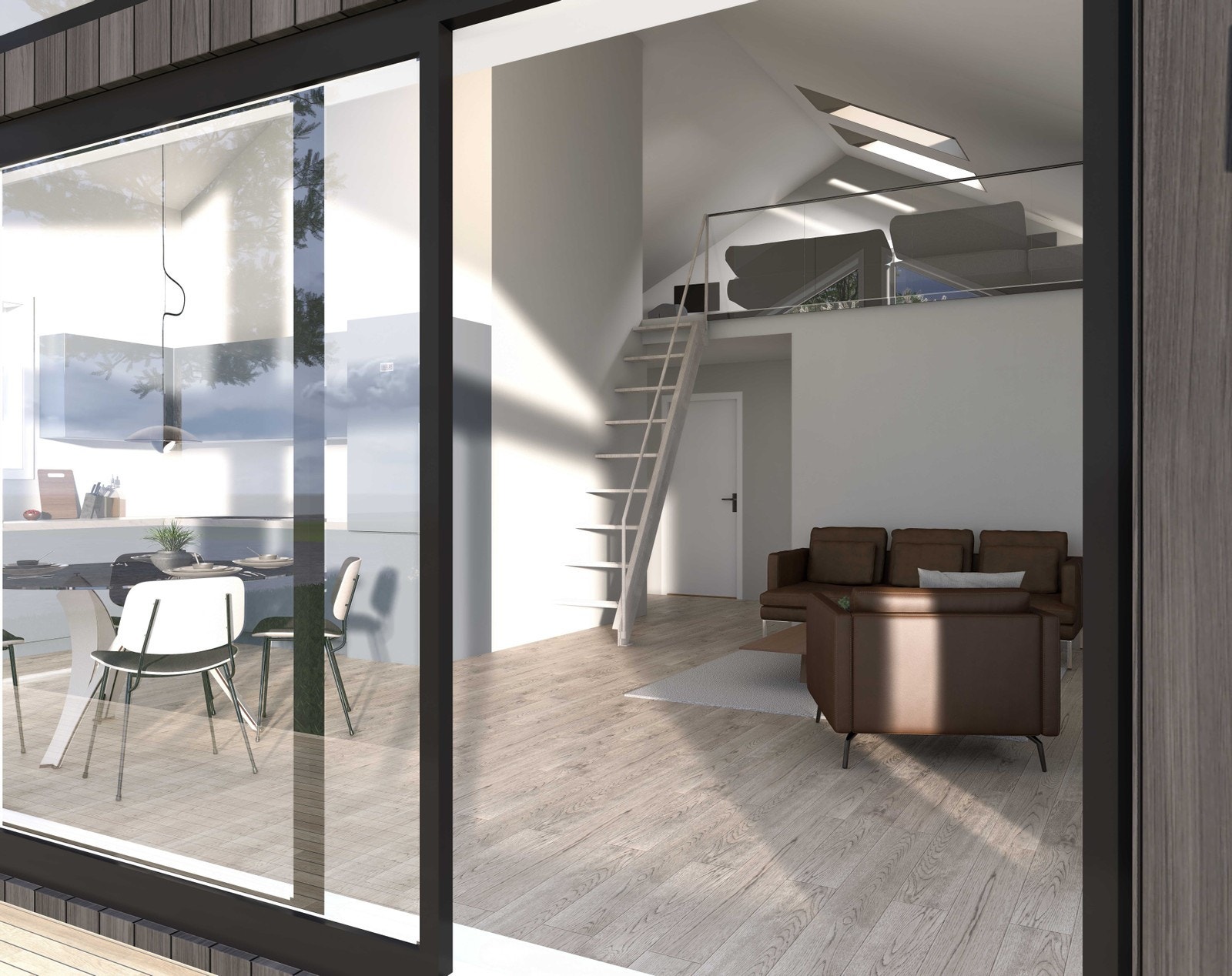 Stue og kjøkken gir plass til flere sittegrupper - Illustrasjonsbilde Galleribilde