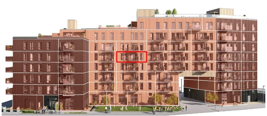 Leilighetens beliggenhet i bygget, sett fra bakgården Galleribilde