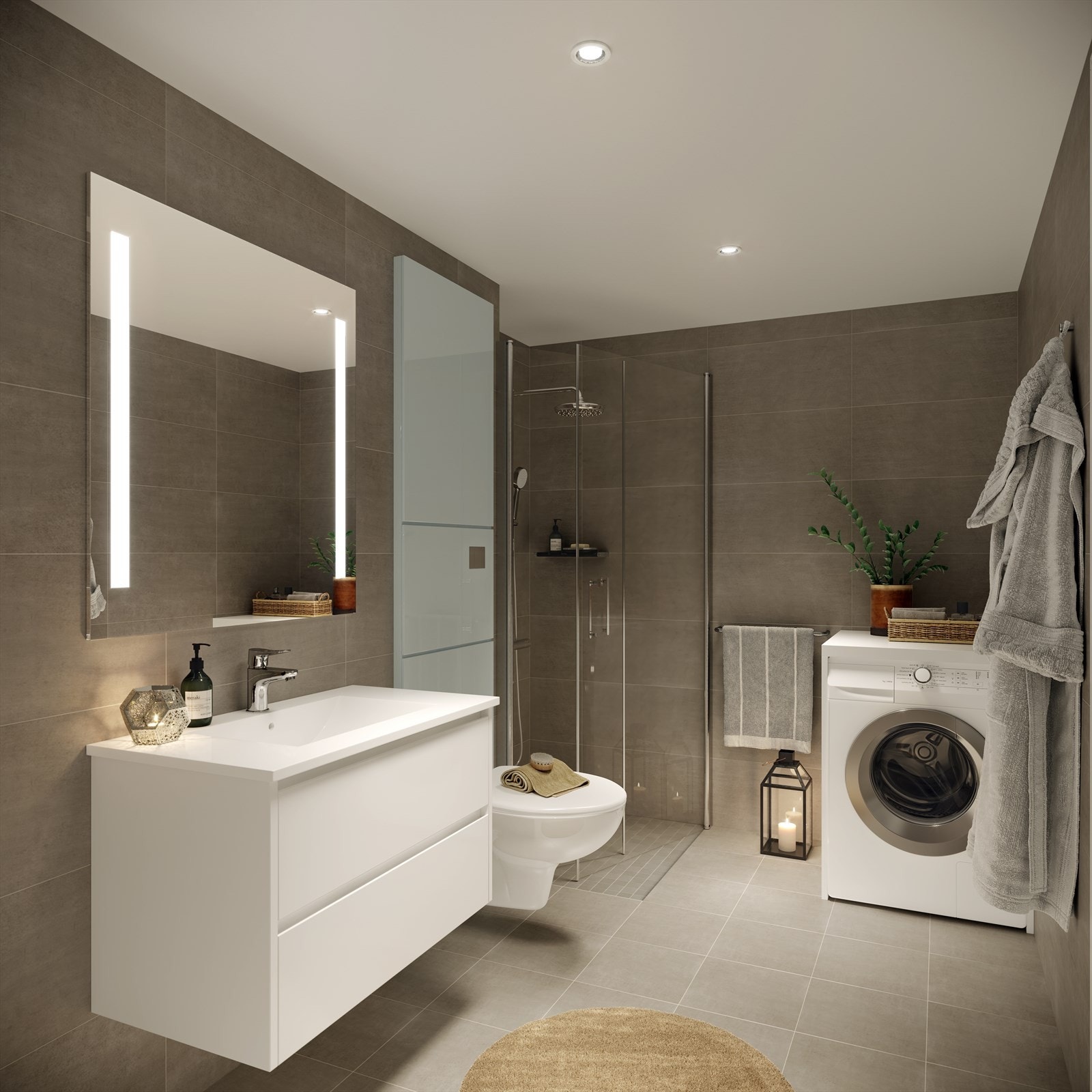 Lekre flislage bad med gulvvarme og downlights i himling. Galleribilde