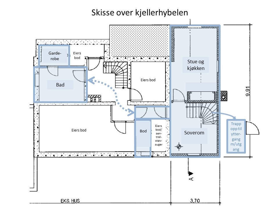 Plantegning som viser leilighetens store areal. Galleribilde