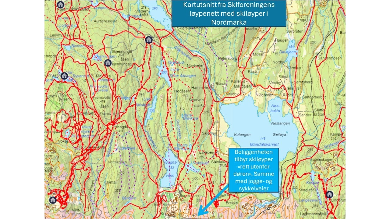 Her vises det store skiløypenettet, som du har tilgang på kun 200m fra døren når det er snø. Galleribilde