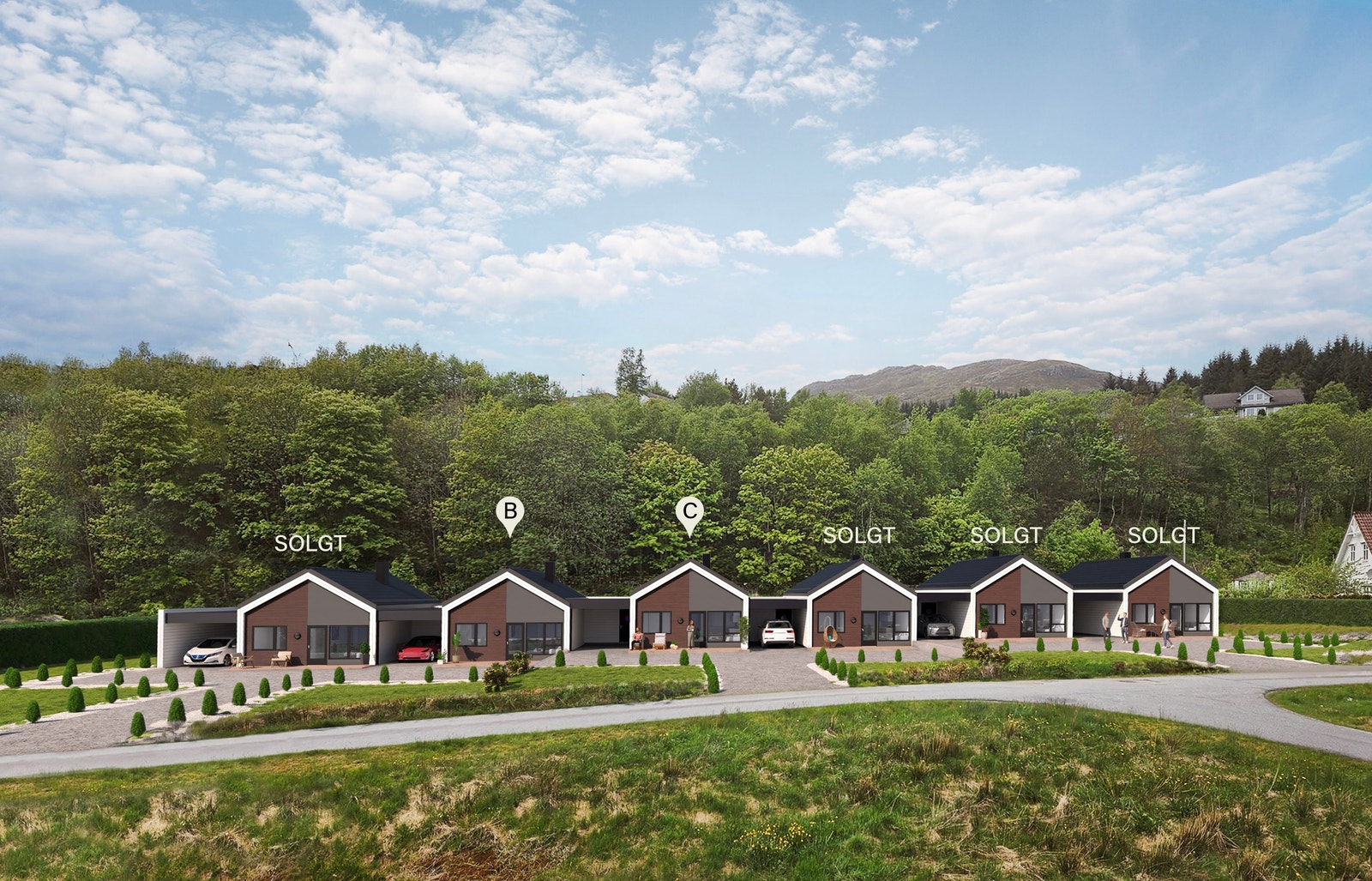 Nummerert illustrasjon av bustadrekken. Bustad A er frittståande eining. Bustad A, D, E, F er solgt Galleribilde