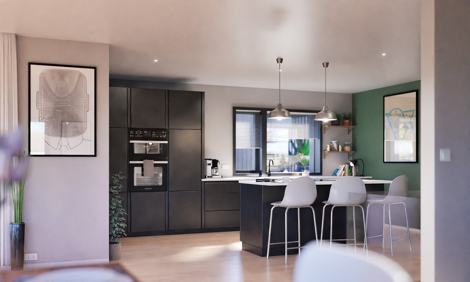 Kjøkken med sosial øy - Illustrasjon. Galleribilde