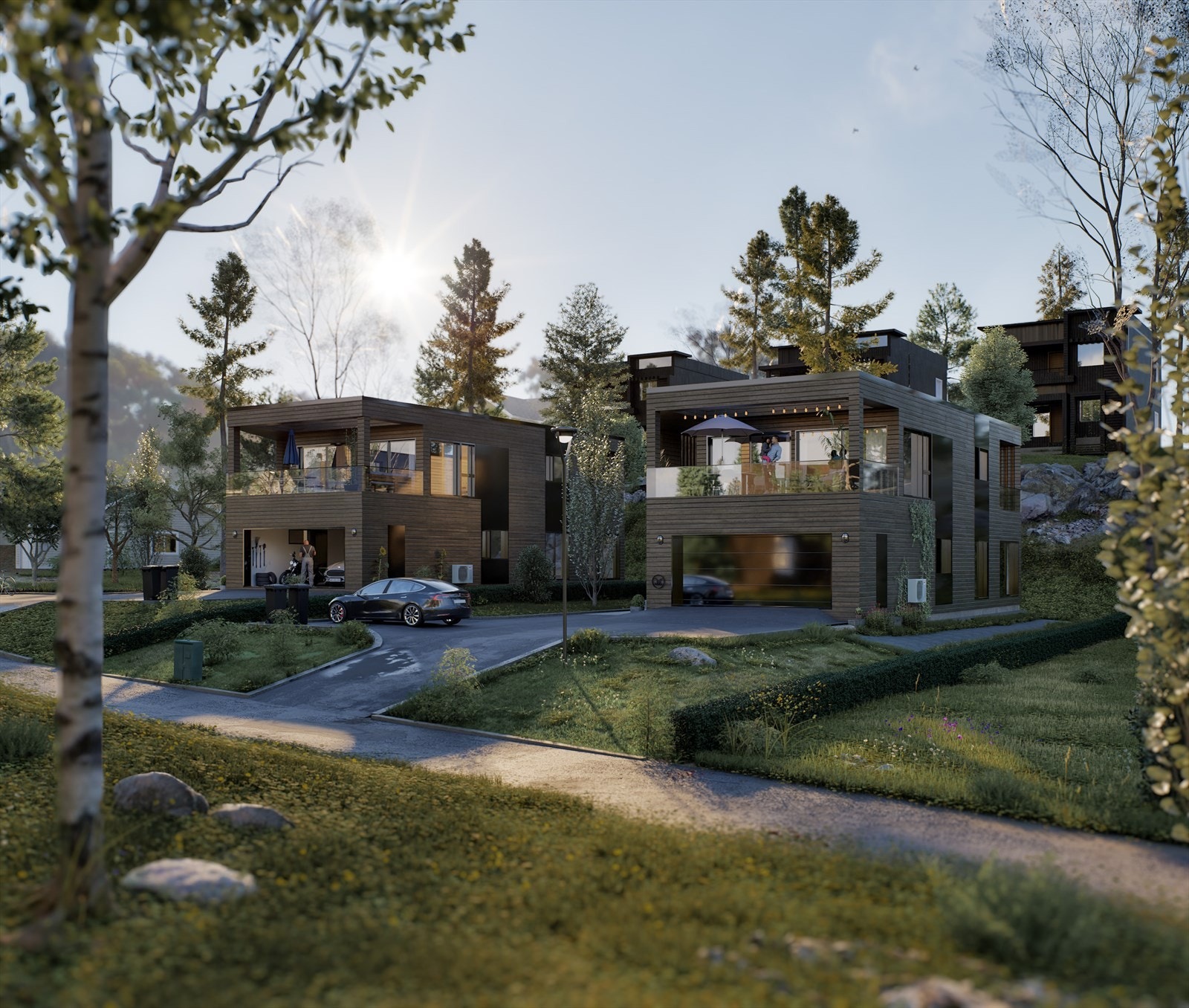 Boligene vil ha dobbeltgarasje og godt med parkeringsplasser på egen tomt - Illustrasjon Galleribilde