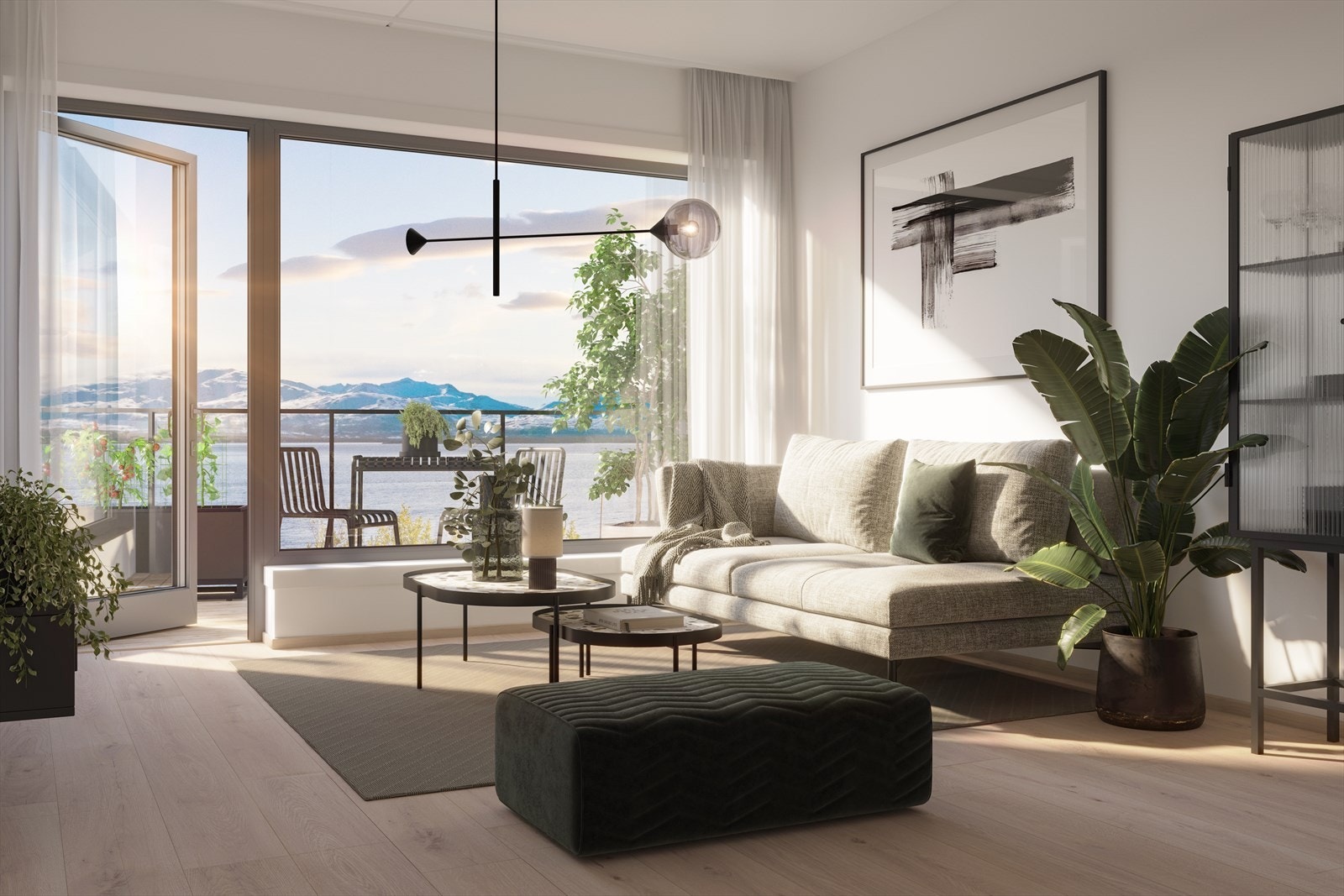Interiørillustrasjon - Stilrene leiligheter med høy standard med store vindusflater med utsikt. Galleribilde