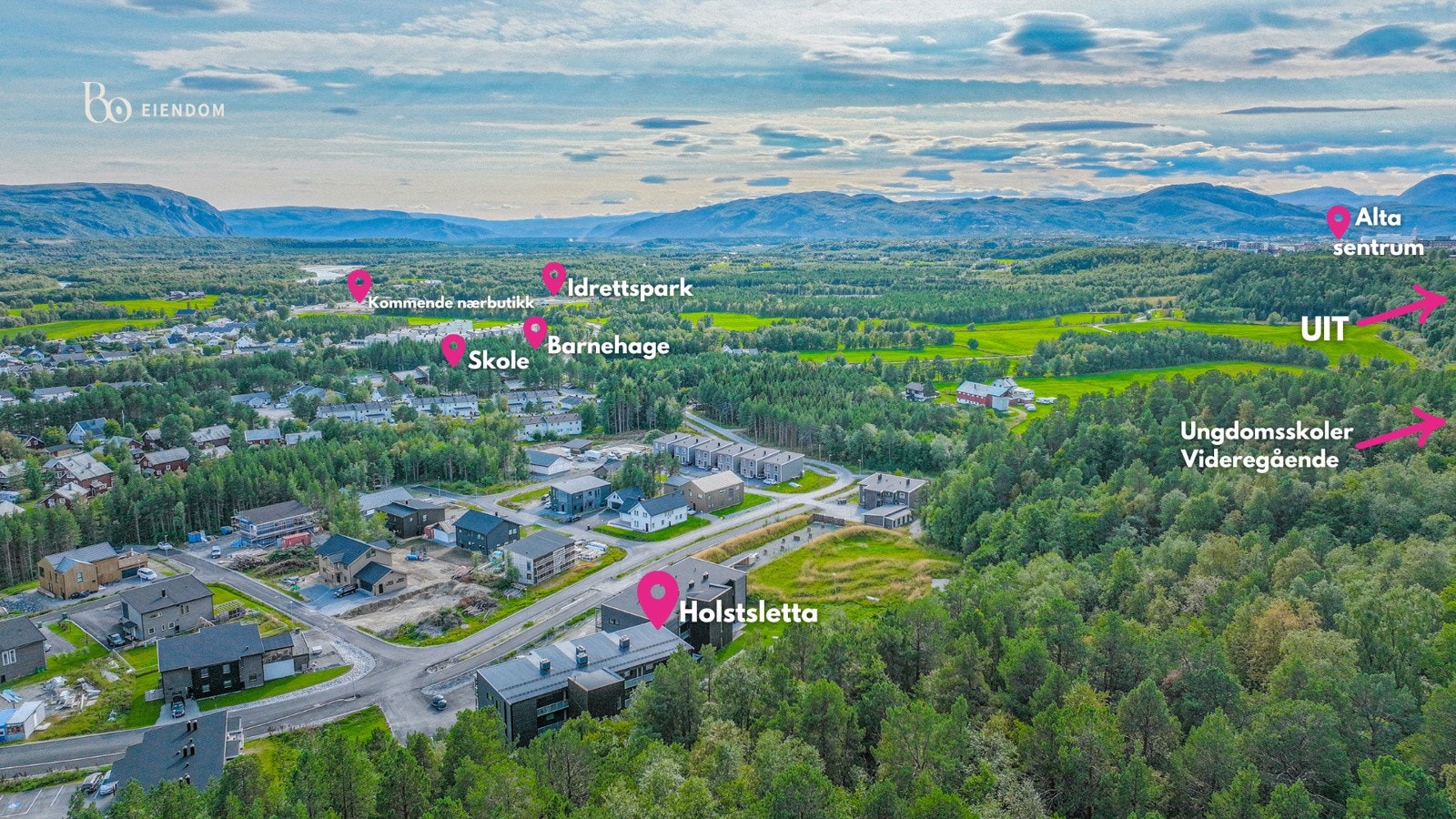 Holstsletta har en sentral beliggenhet nært skole, barnehage, idrettspark og kommende nærbutikk Galleribilde
