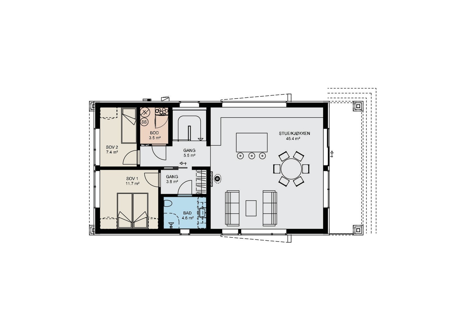Hvedplan består av to soverom, bad, bod og en fantastisk stue- og kjøkkenløsning. Galleribilde