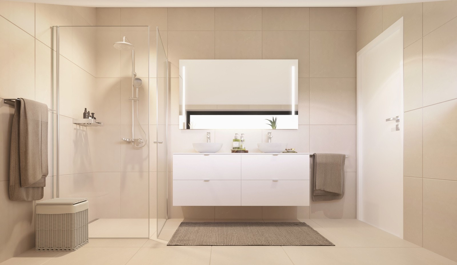 Badene blir lekkert innredet med store, beige vegg- og gulvfliser for et rent uttrykk og en moderne finish. Galleribilde
