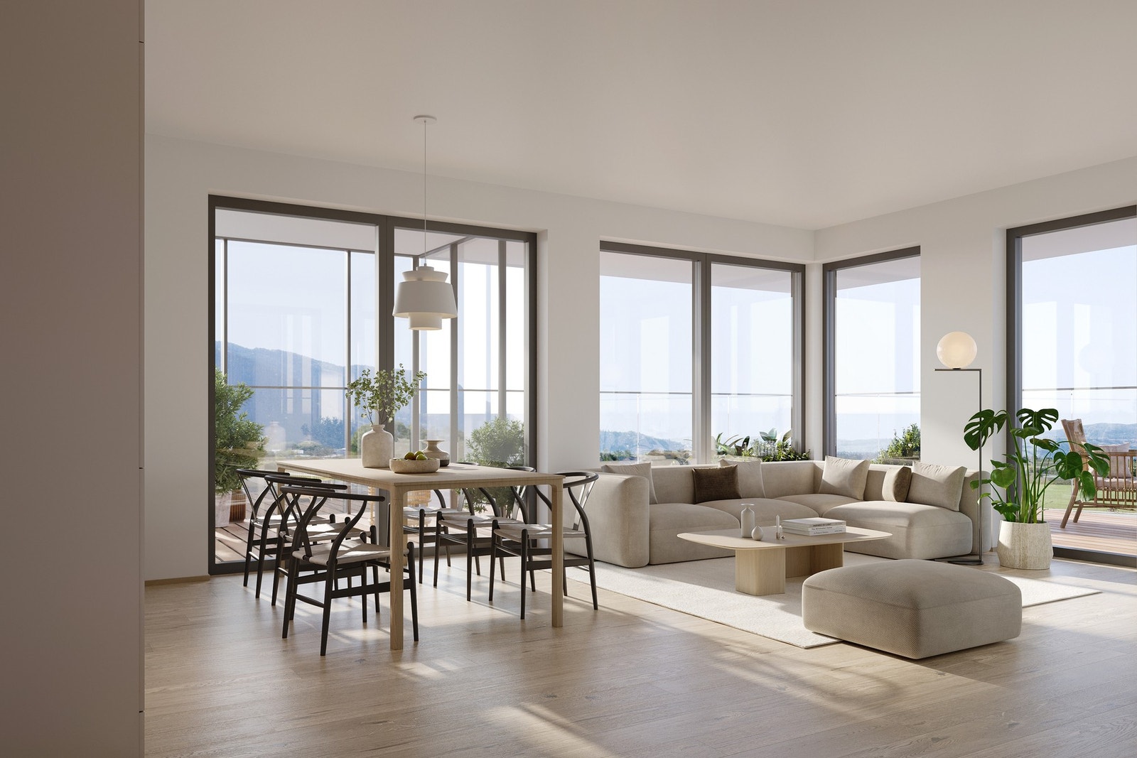 Splitter ny og delikat 3-roms hjørneleilighet på ca 76m² med fin og solrik beliggenhet i 3. etasje. Illustrasjon av stue. Galleribilde