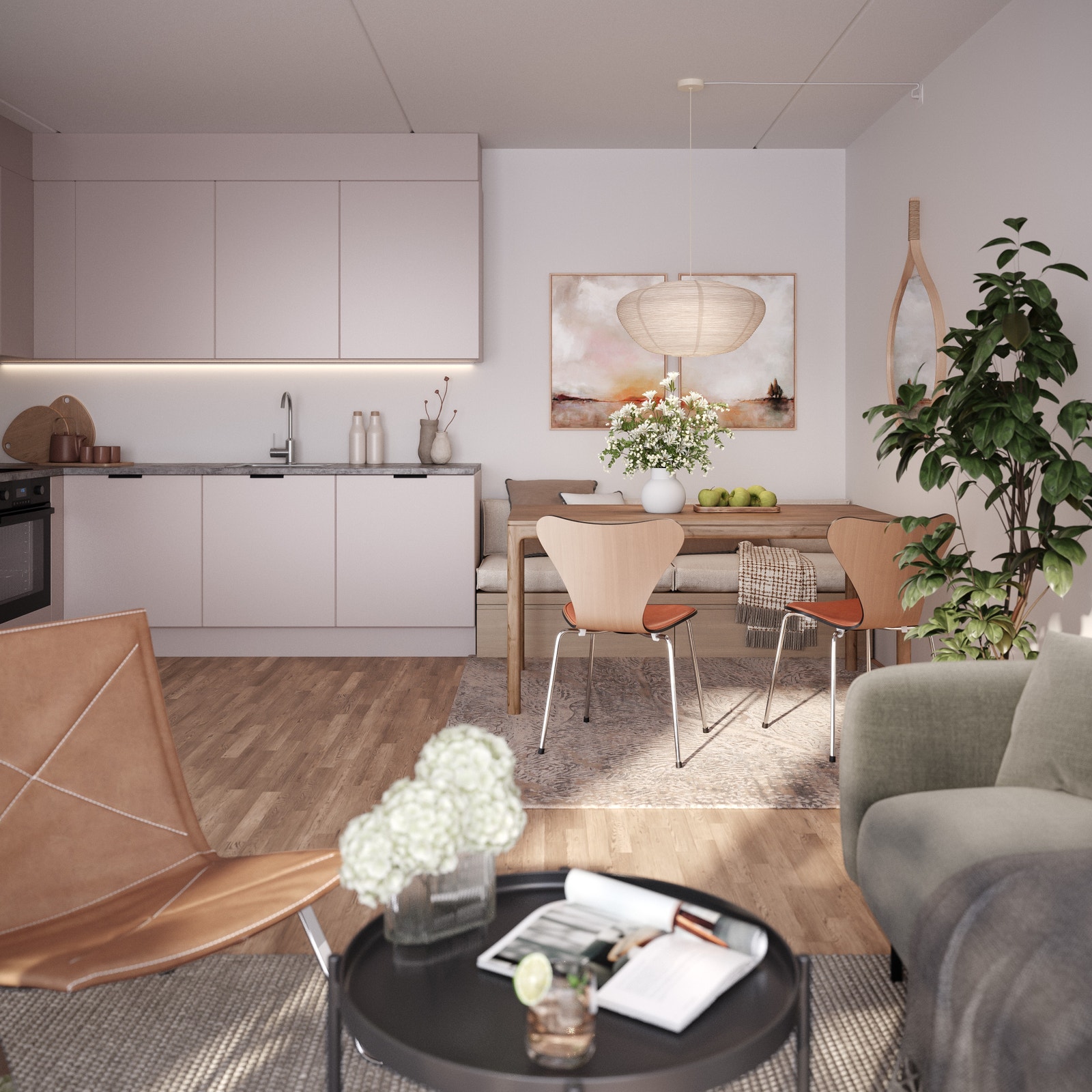 Urban 3-roms med åpen stue- og kjøkken løsning. Kjøkkenet leveres av Sigdal med lys utforming som klassisk konsept og har integrerte hvitevarer inkludert. Det er vannbåren gulvvarme i alle oppholdsrom. Galleribilde