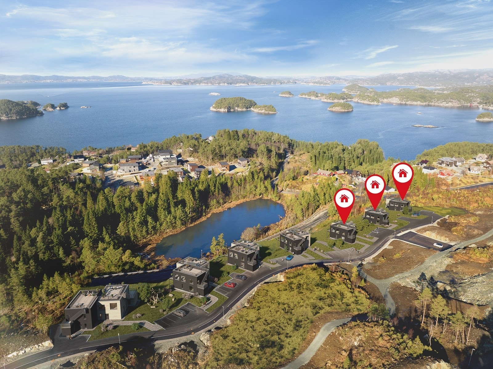 Prosjektet består av 6 vertikaldelte halvparter av 3 tomannsboliger. Galleribilde