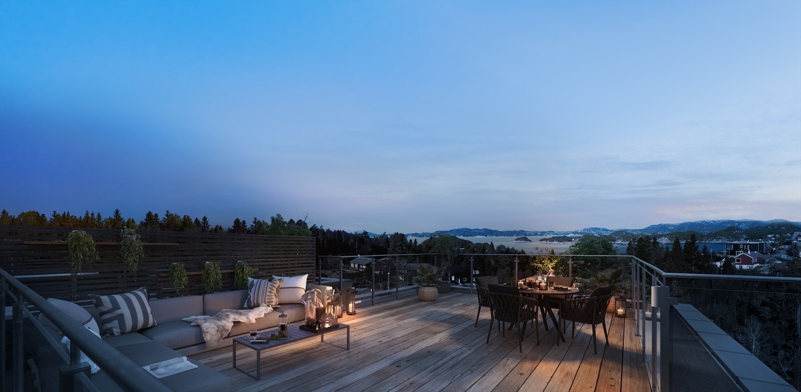 Hver bolig leveres med privat takterrasse på hele 47kvm. Her nytes herlige sol- og utsiktsforhold i naturskjønne og flotte omgivelser. Galleribilde