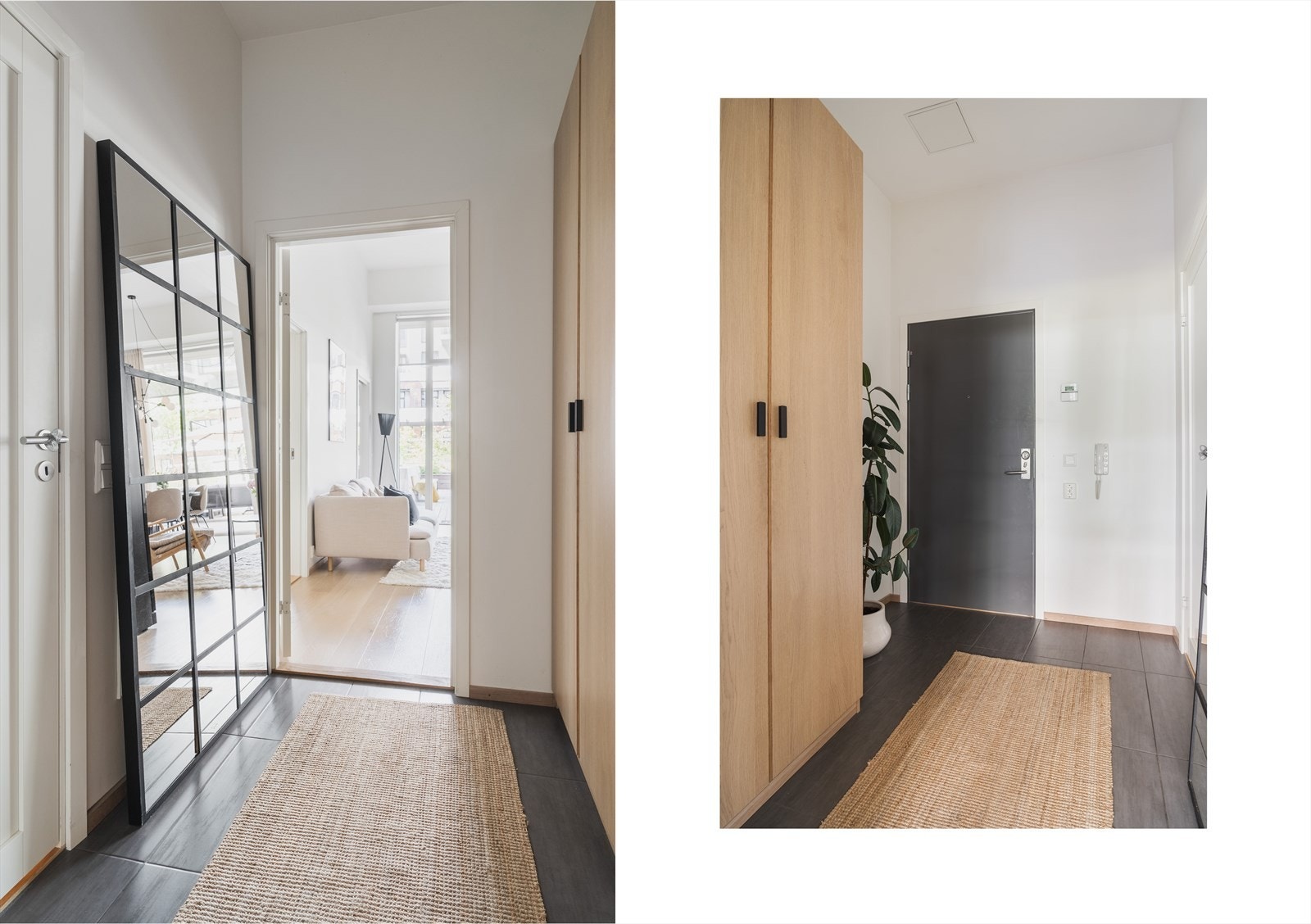 Inngangen er elegant med flislagt gulv i gangen og praktiske garderobeskap for yttertøy og sko Galleribilde