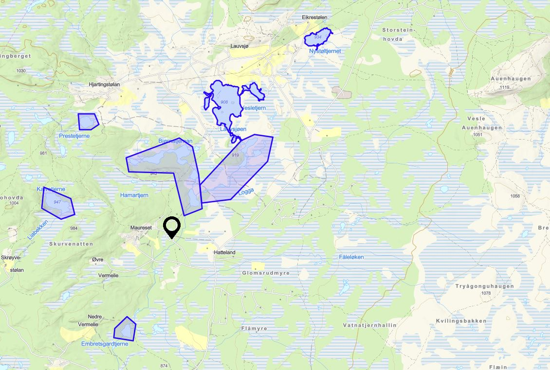 Oversikt over fiskevann i området. Her er det bare å ta med fiskestanga og tusle ut. Galleribilde