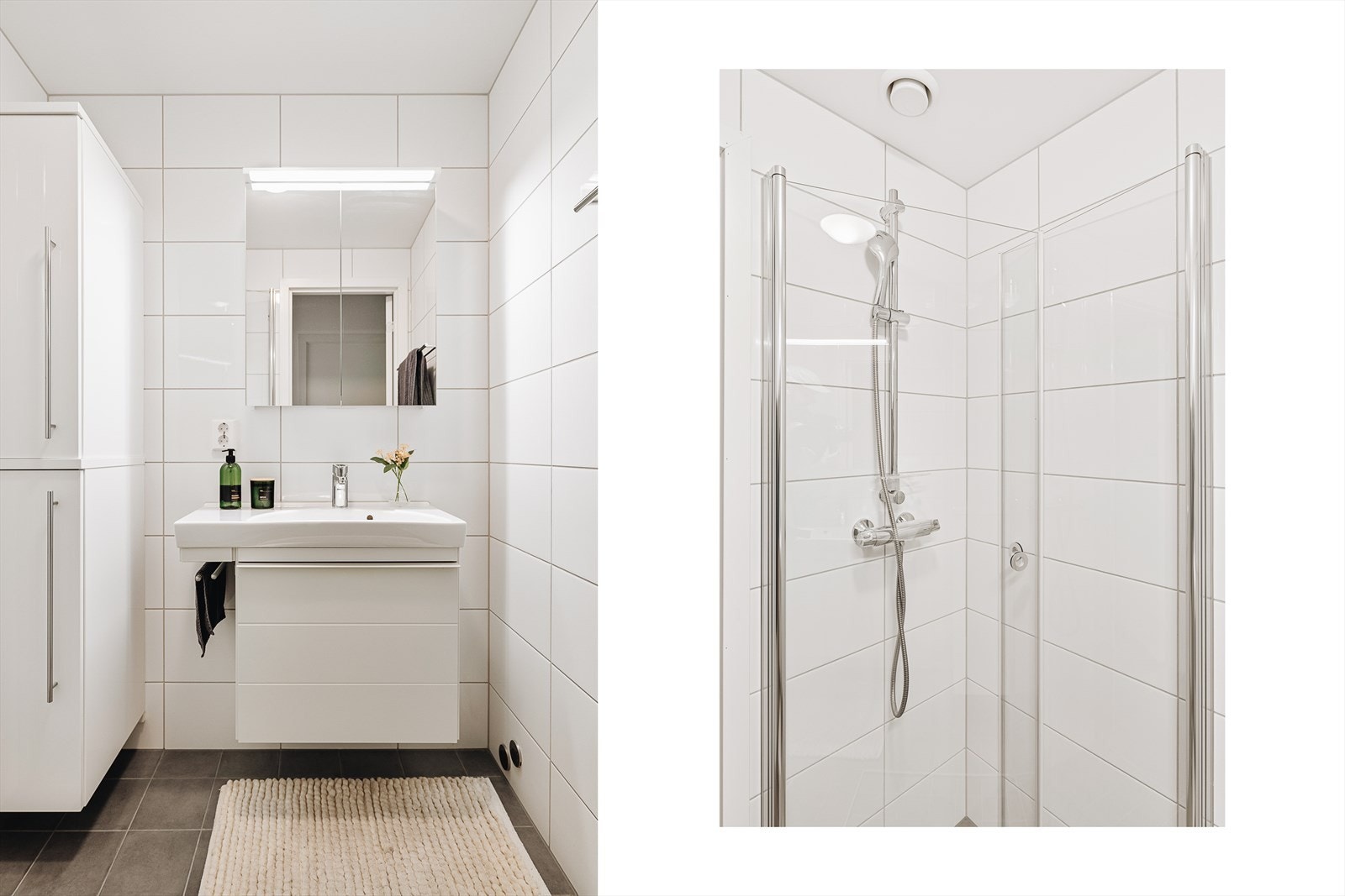Lekkert baderom med keramiske fliser på gulv, vegger og malt platekledning i himling. Badet ble renovert i 2023 i regi av Brl. Galleribilde