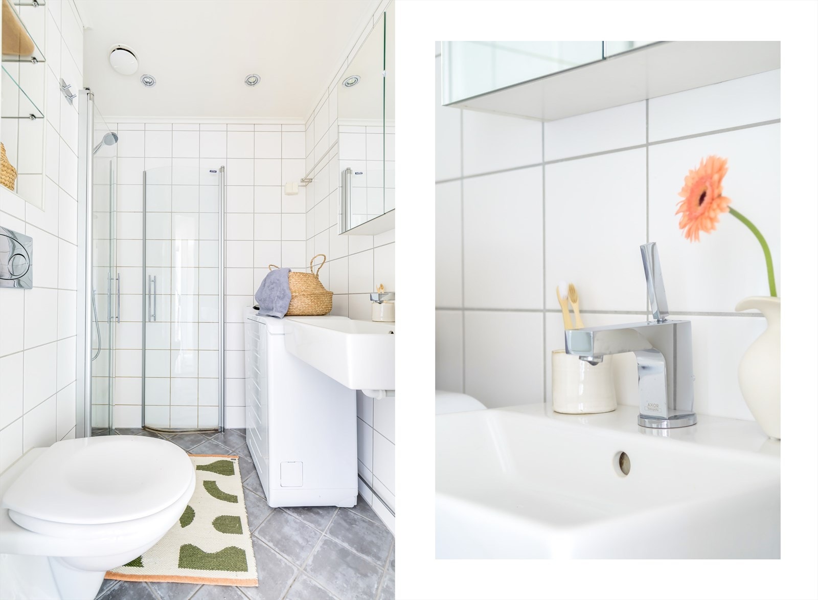 Badet er innredet med servant, speilskap for oppbevaring og vegghengt toalett. Opplegg for vaskemaskin Galleribilde