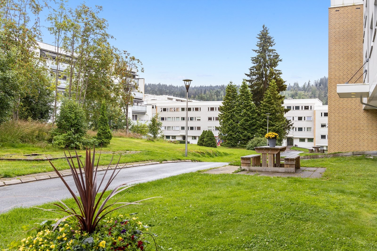 Fellestomten er pent opparbeidet med gressplener, prydbusker, og asfalterte internveier. Galleribilde