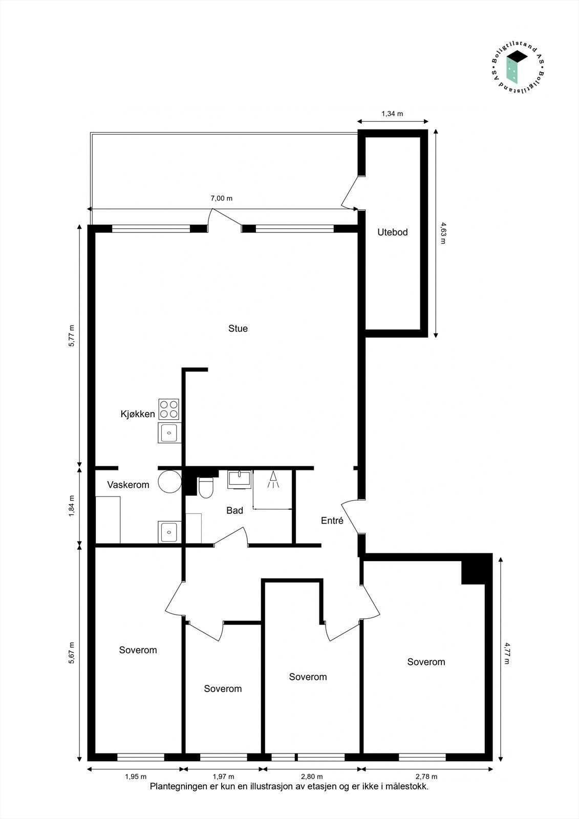 Leiligheten ligger i byggets 2.etasje og har 4 soverom. Galleribilde