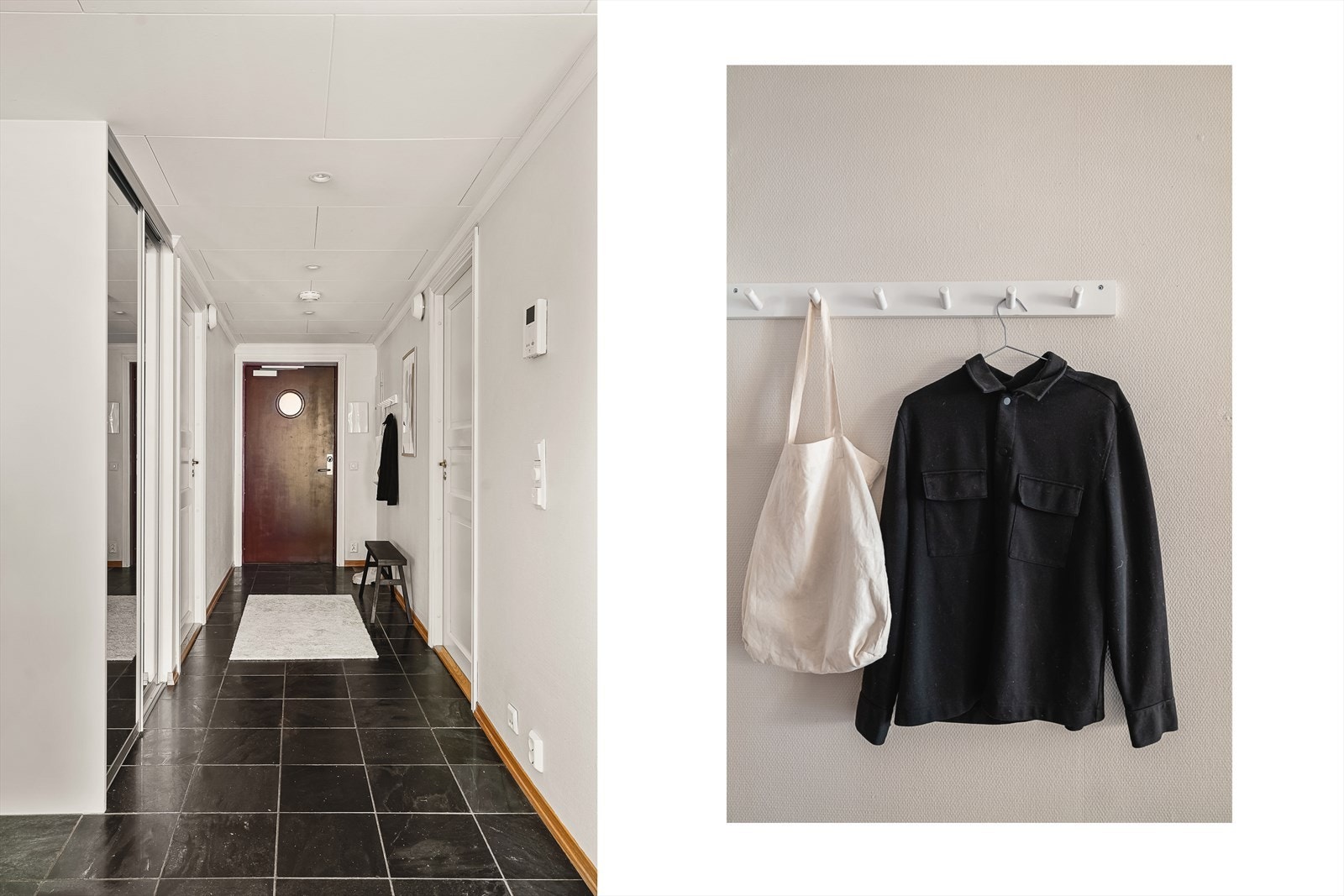 Lys og innbydende entre med varmekabler i det flislaget gulvet. Det er plass til et garderobeskap, skohylle og/eller kroker for yttertøyoppheng. For ekstra oppbevaring har boligen en ekstern bod i 2.etg. målt til 5 kvm. Galleribilde