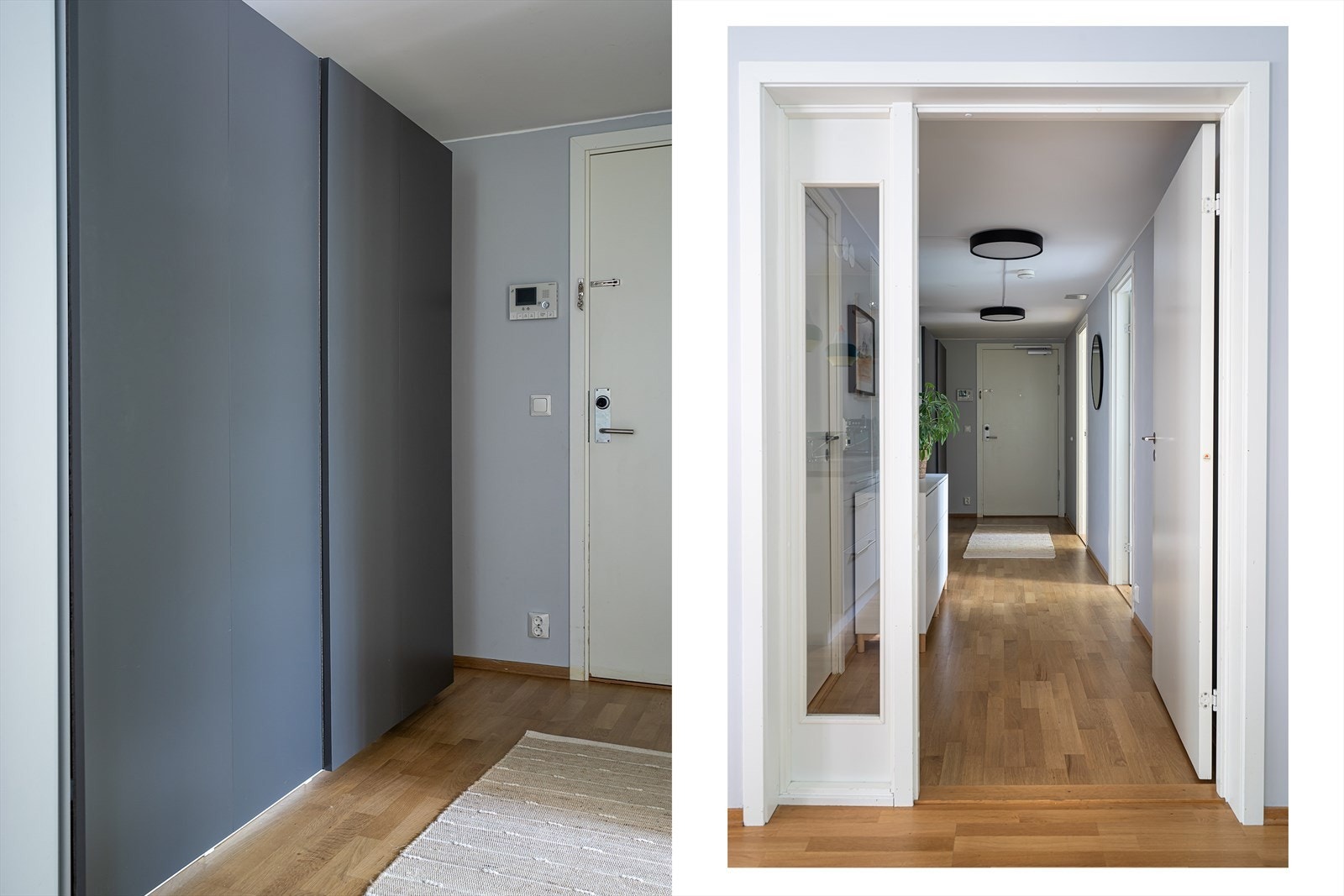 Rommet innredet med en romslig skyvedørsgarderobe og fungerer som et bindeledd mellom øvrige rom. Dørcalling med portåpner, gjør det enkelt å slippe inn besøkende. Galleribilde