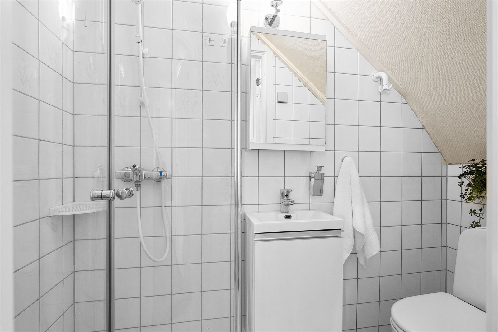 Baderom 1. etg. innredet med dusj, servant med underskap, speilskap og klosett. Galleribilde