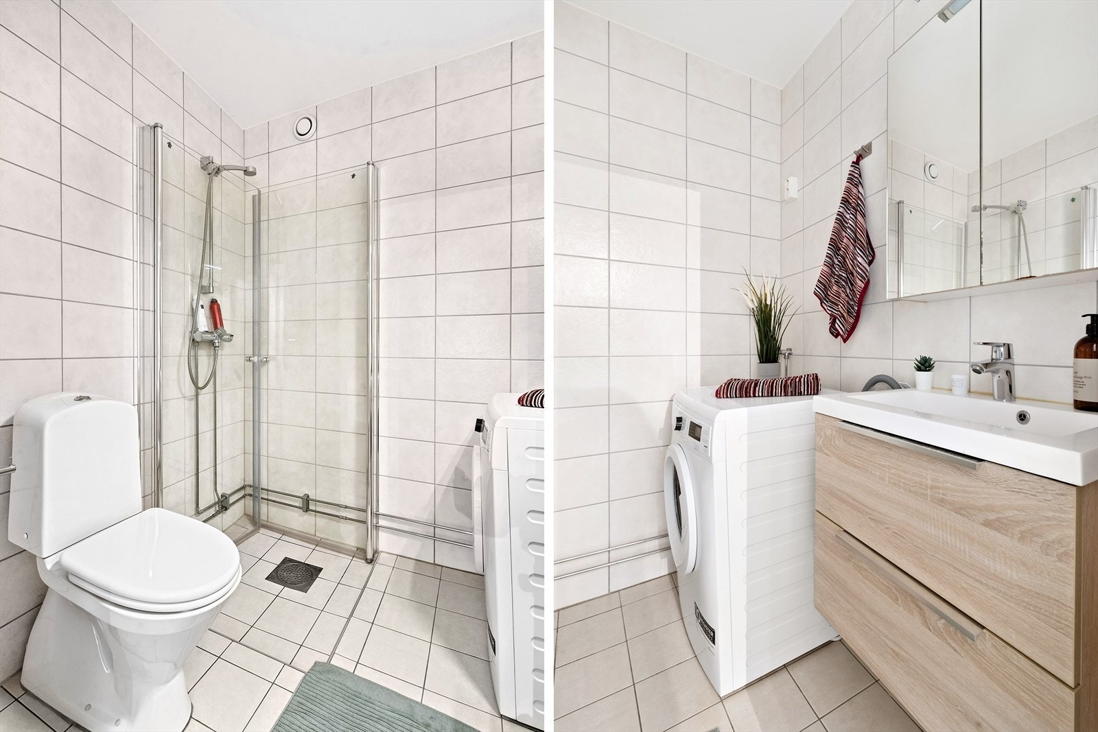 Badet er innredet med dusjhjørne, toalett, servant og har opplegg for vaskemaskin. Galleribilde