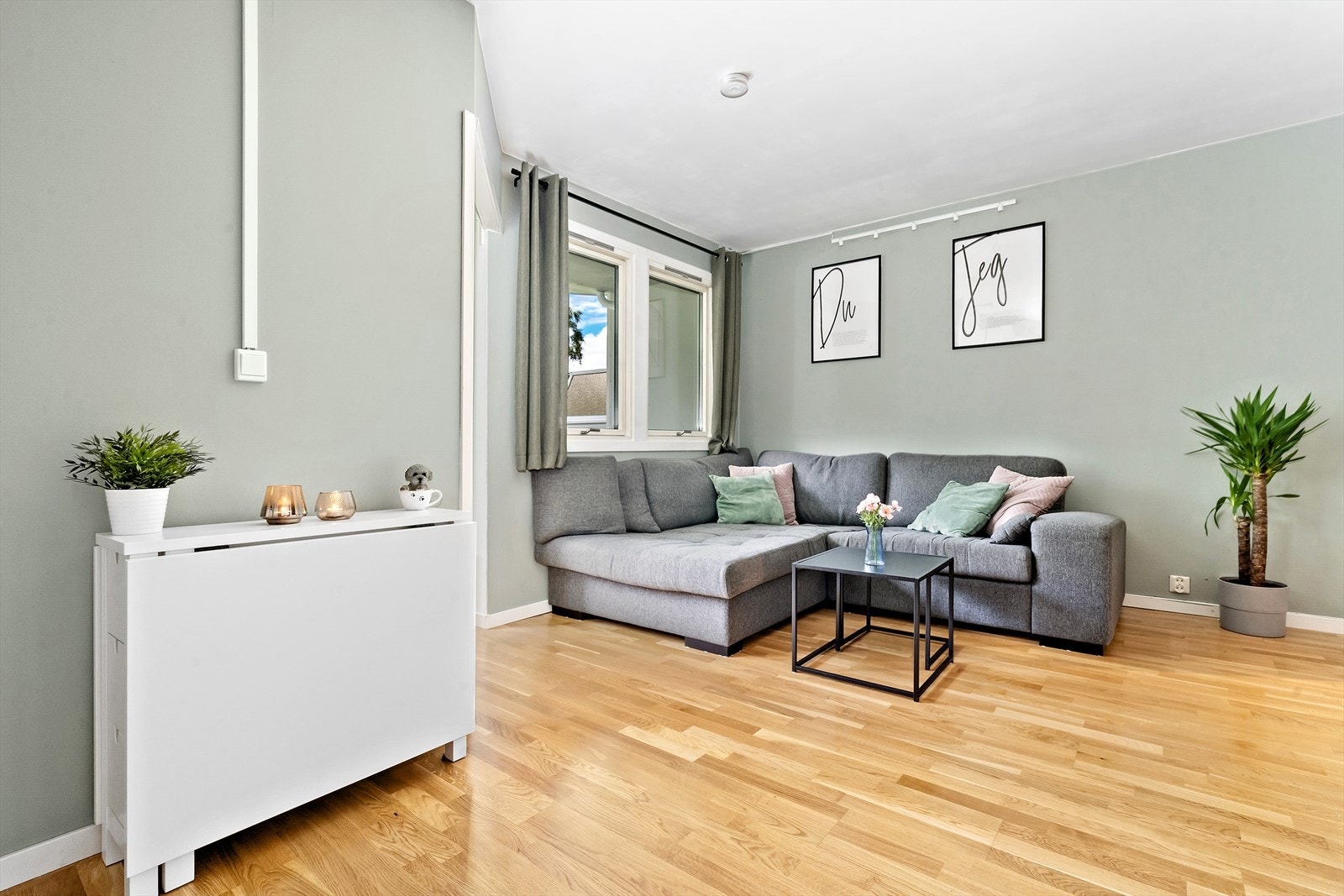 Velkommen inn! Leiligheten har en lys og pen stue med parkett på gulv. Galleribilde