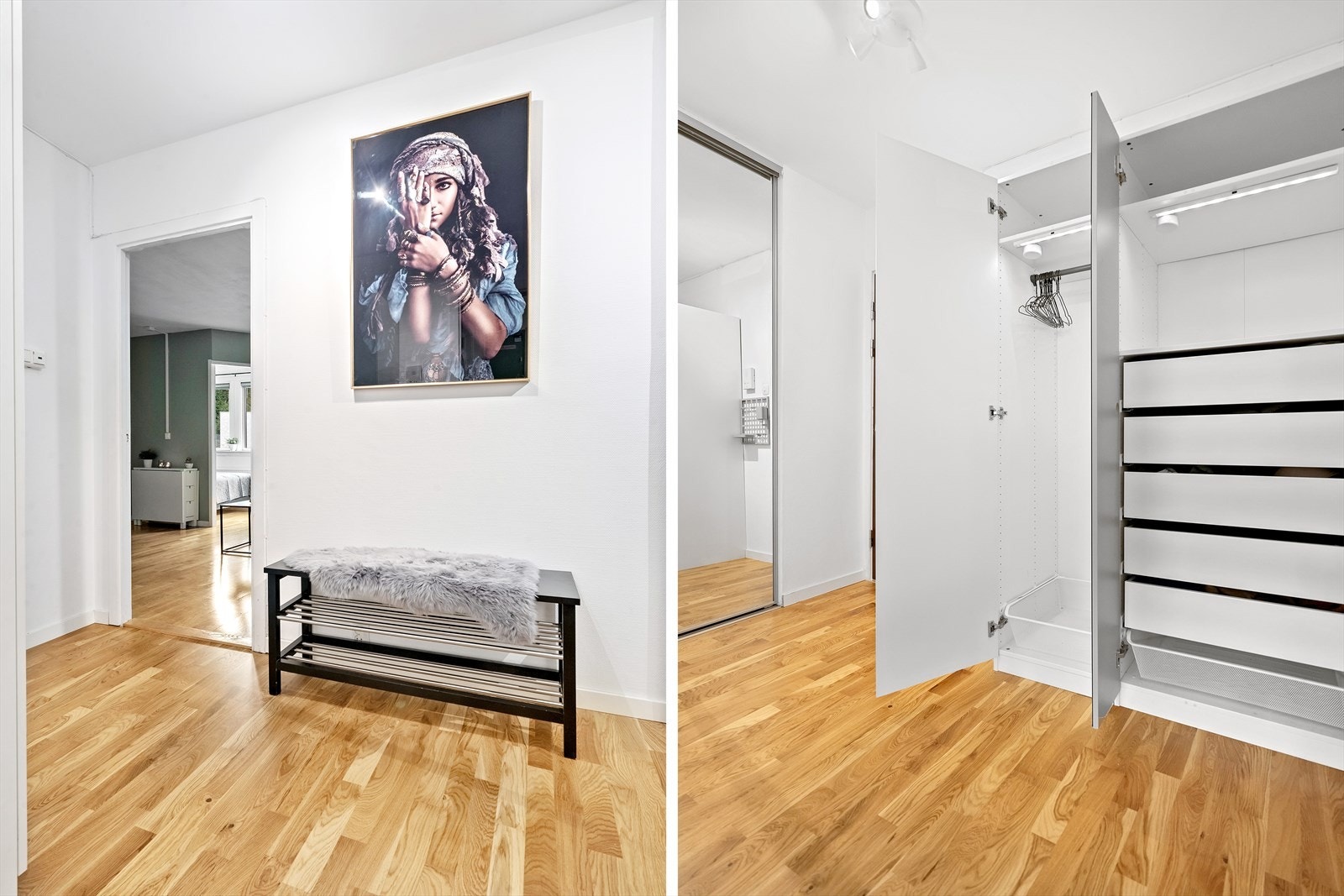 Leiligheten en en romslig og praktisk gang med rikelig av plass til oppbevaring i garderobe. Galleribilde
