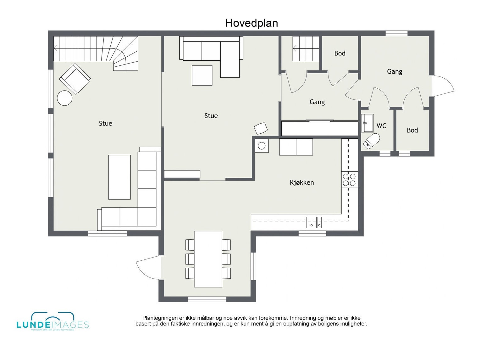 Plantegning hovedplan - ikke målbar - 1. etasje har et BRA-i på 87 kvm. Galleribilde